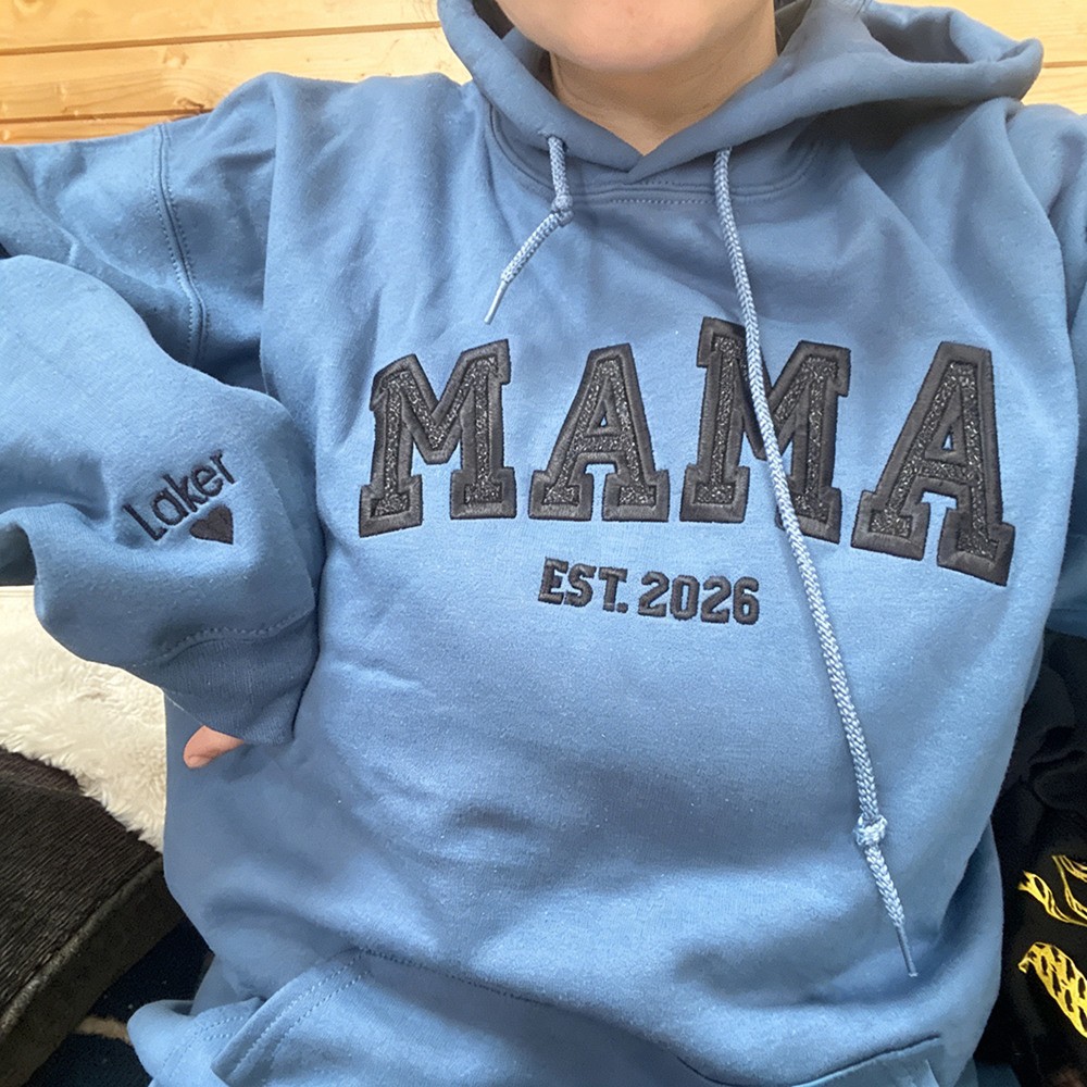 Custom Embroidered Glitter Mama Sweatshirt With Kids Name on Sleeve
