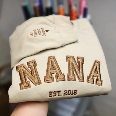 Custom Embroidered Glitter Nana Mama Sweatshirt With Kids Name on Sleeve