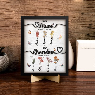 First Mom Now Grandma Personalized Birth Flower Wood Sign With Kids Name For Mother's Day Gift Ideas