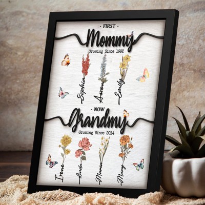 First Mom Now Grandma Personalized Birth Flower Wood Sign With Kids Name For Mother's Day Gift Ideas