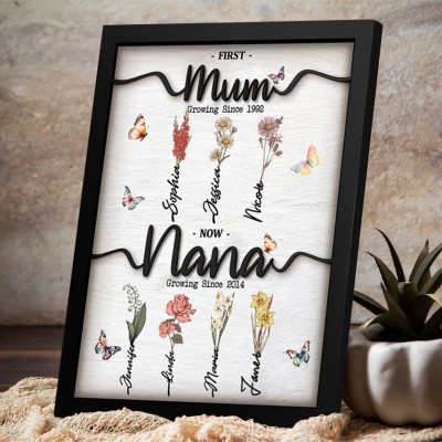 First Mom Now Grandma Personalized Birth Flower Wood Sign With Kids Name For Mother's Day Gift Ideas