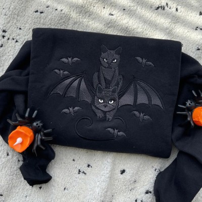 Embroidered Halloween Black Cat Sweatshirt