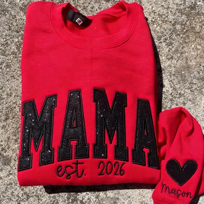 Custom Embroidered Glitter Mama Sweatshirt With Kids Name on Sleeve