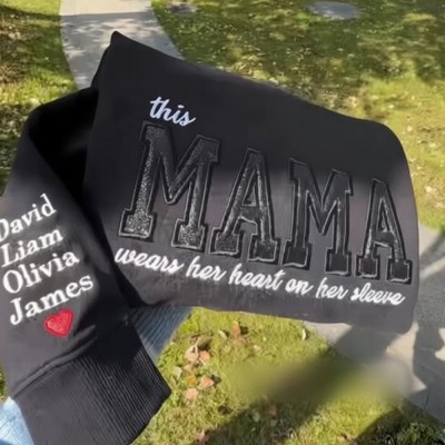 Custom Embroidered Glitter Mama Sweatshirt This Mama Wears Her Heart on Sleeve