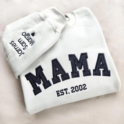 Custom Embroidered Glitter Mama Sweatshirt With Kids Name on Sleeve
